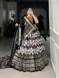 Lorenvalley Tussar Silk Black Leheriya Print with Foil Print and Paper Mirror Work Lace Lehenga Choli with Dupatta