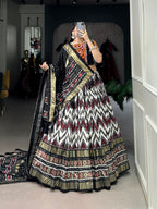Lorenvalley Tussar Silk Black Leheriya Print with Foil Print and Paper Mirror Work Lace Lehenga Choli with Dupatta
