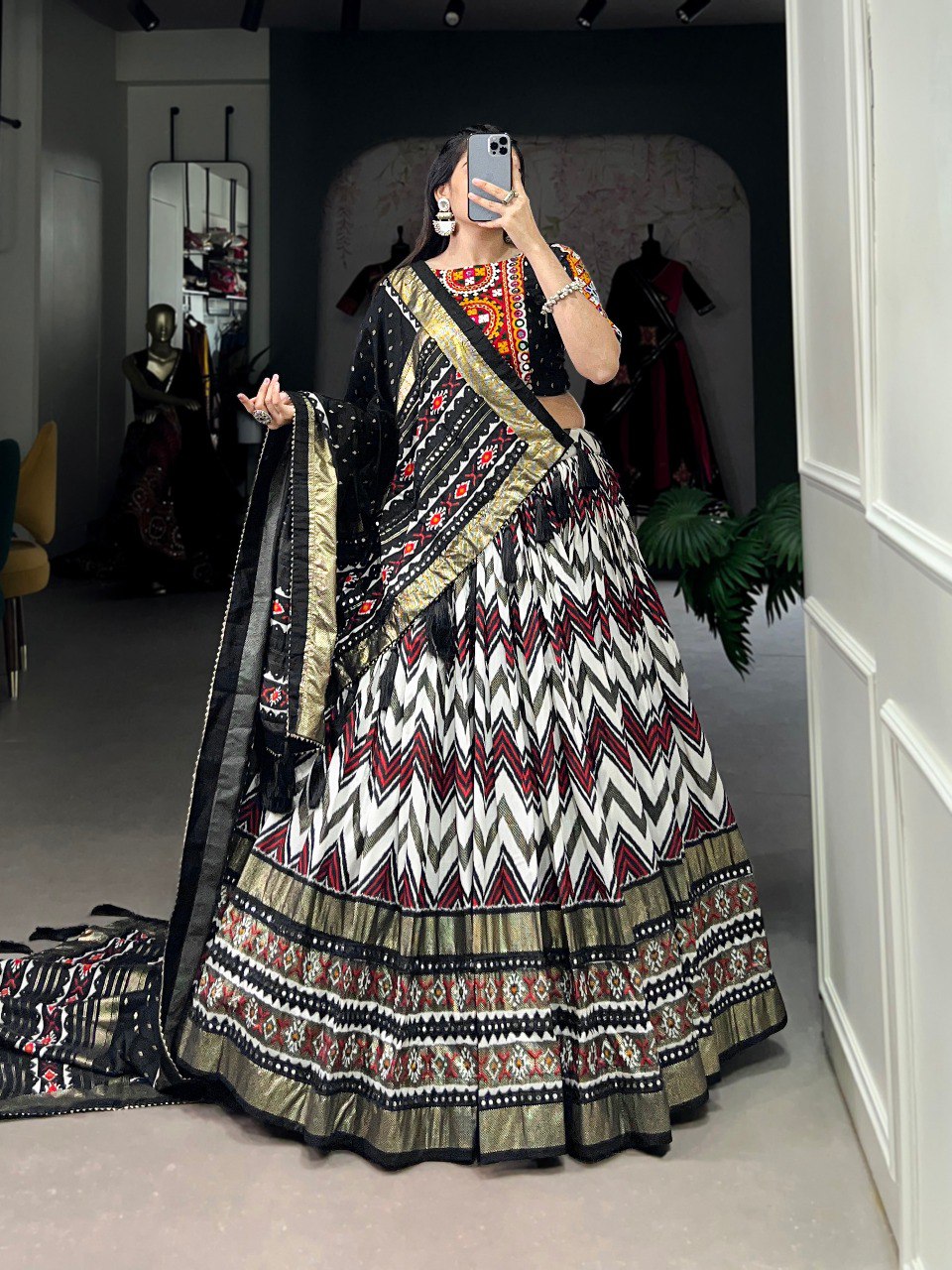 Lorenvalley Black Tussar Silk Leheriya Print with Foil Print and Paper Mirror Work Lace Lehenga Choli with Dupatta