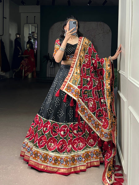 Lorenvalley Fashion Black Tasar Silk Print with Foil Work and Real Mirror Gamthi Work with Lace Touch Up Lehenga Choli with Dupatta