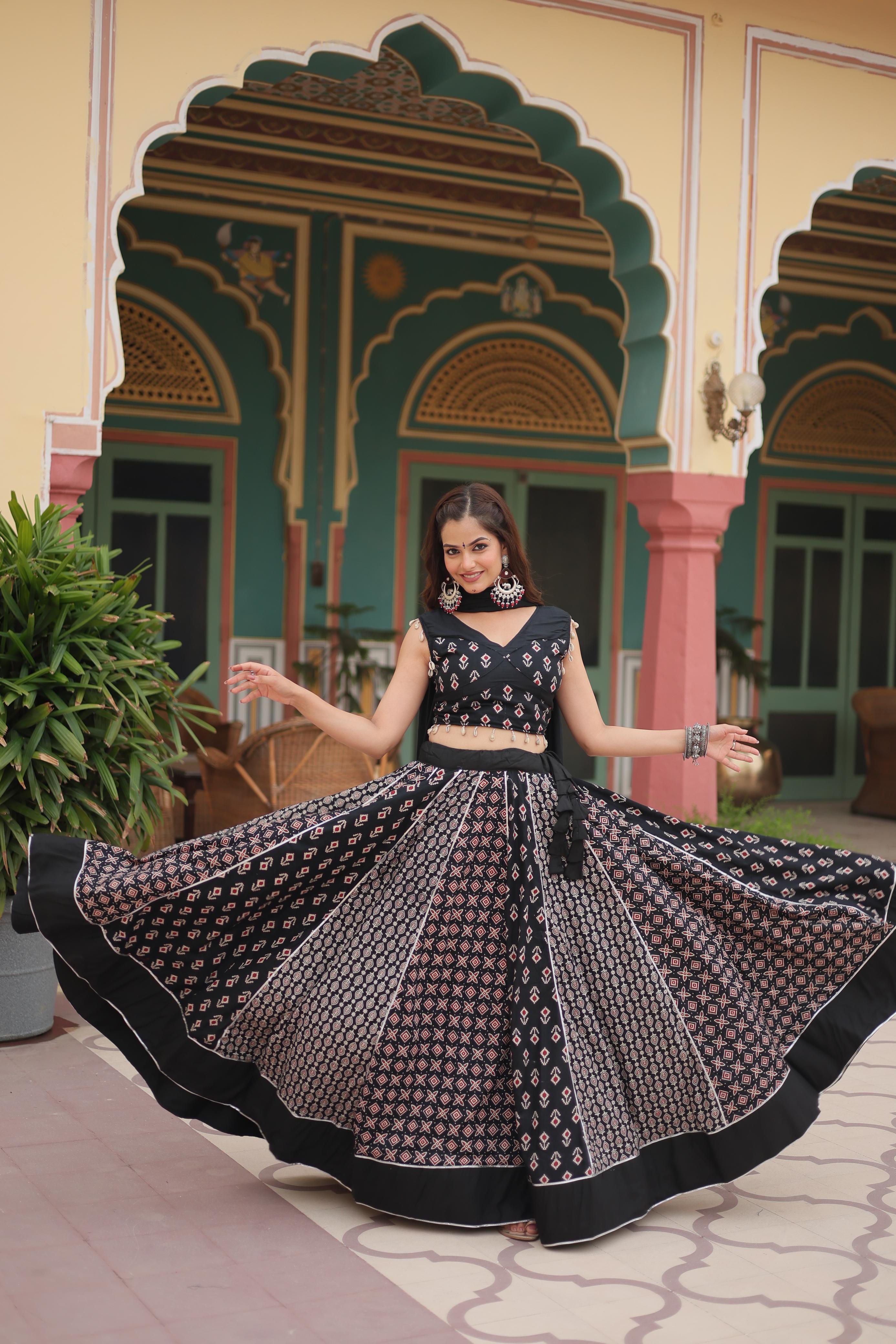 Lorenvalley Black Rayon Gota Patti Lace Printed Kali Pattern Lehenga Choli with Dupatta
