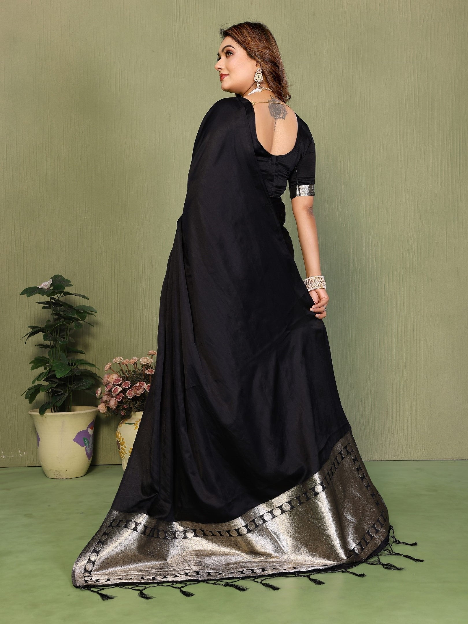 Anaita Black Zari Weaving Work Satin Silk Saree With Blouse - Distacart