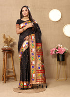 Lorenvalley Fashion Black Soft Paithani Silk Woven Design Rich Zari Meenakari Weaving Saree