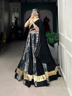 Lorenvalley Rayon and Tussar Silk Black Plain And Printed With Embossed Design Gota Lace Lehenga Choli with Dupatta