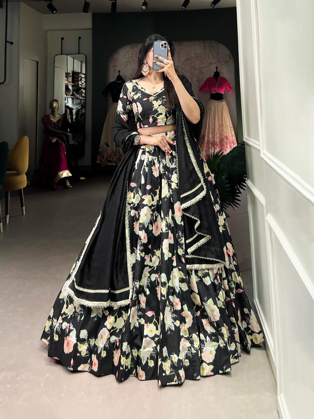 Lorenvalley Black Tussar Silk Floral Printed Lehenga Choli