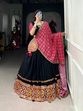 Lorenvalley Black Pure CottonPlain And Original Mirror Gamthi Work Lace Border Lehenga Choli with Dupatta