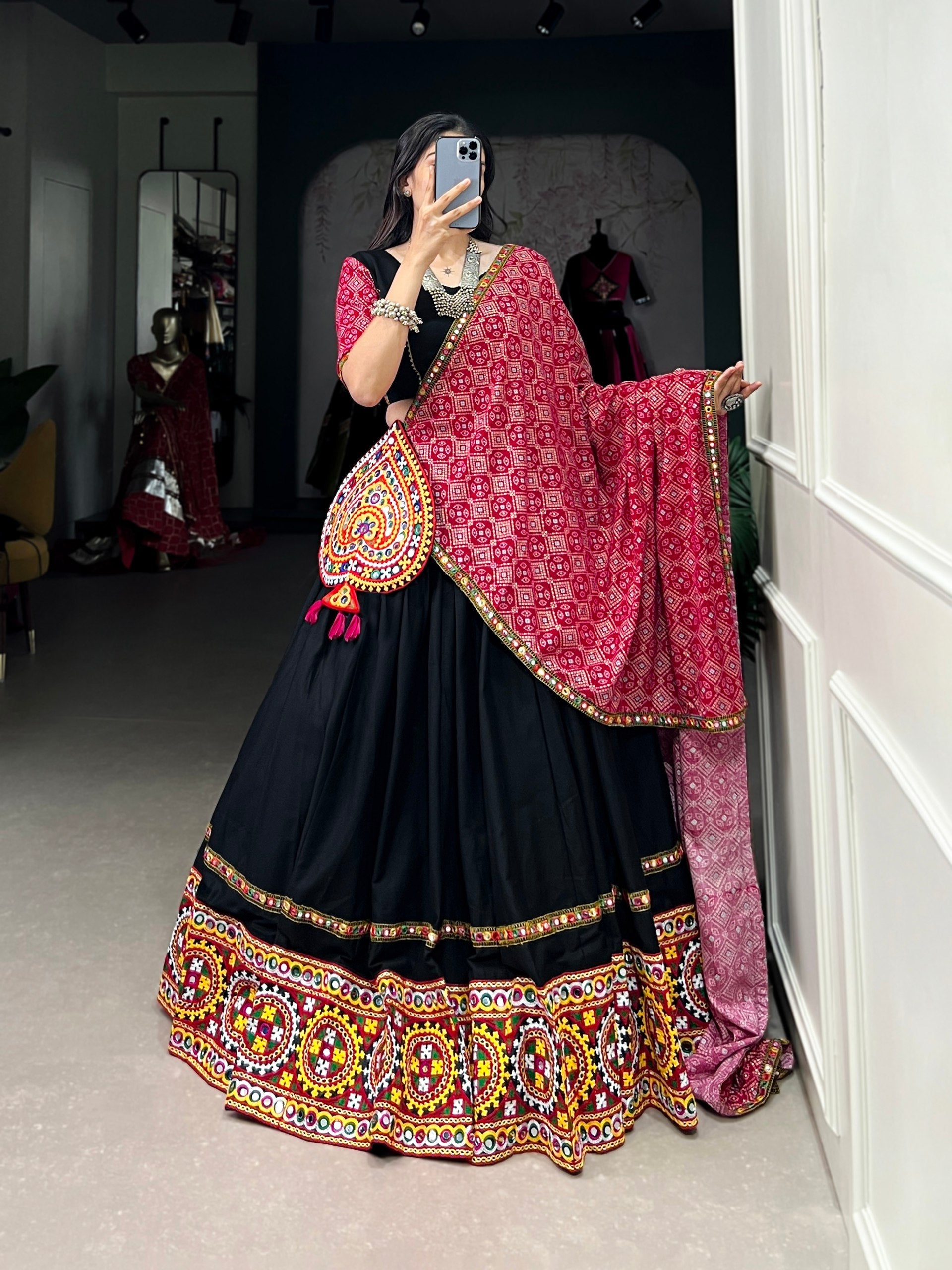 Lorenvalley Black Pure CottonPlain And Original Mirror Gamthi Work Lace Border Lehenga Choli with Dupatta