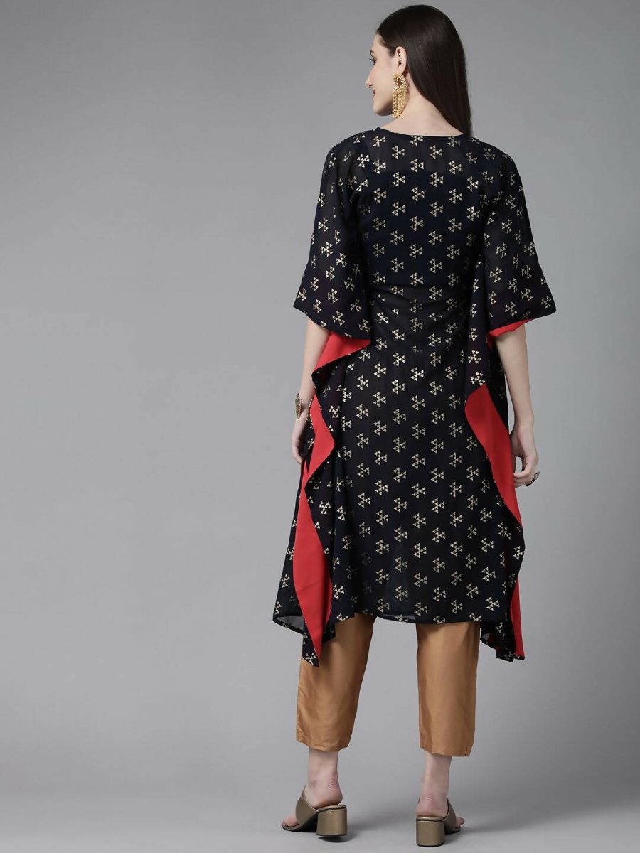 Ahalyaa Women Navy Blue Georgette Gold Printed Kaftan Kurta - Distacart