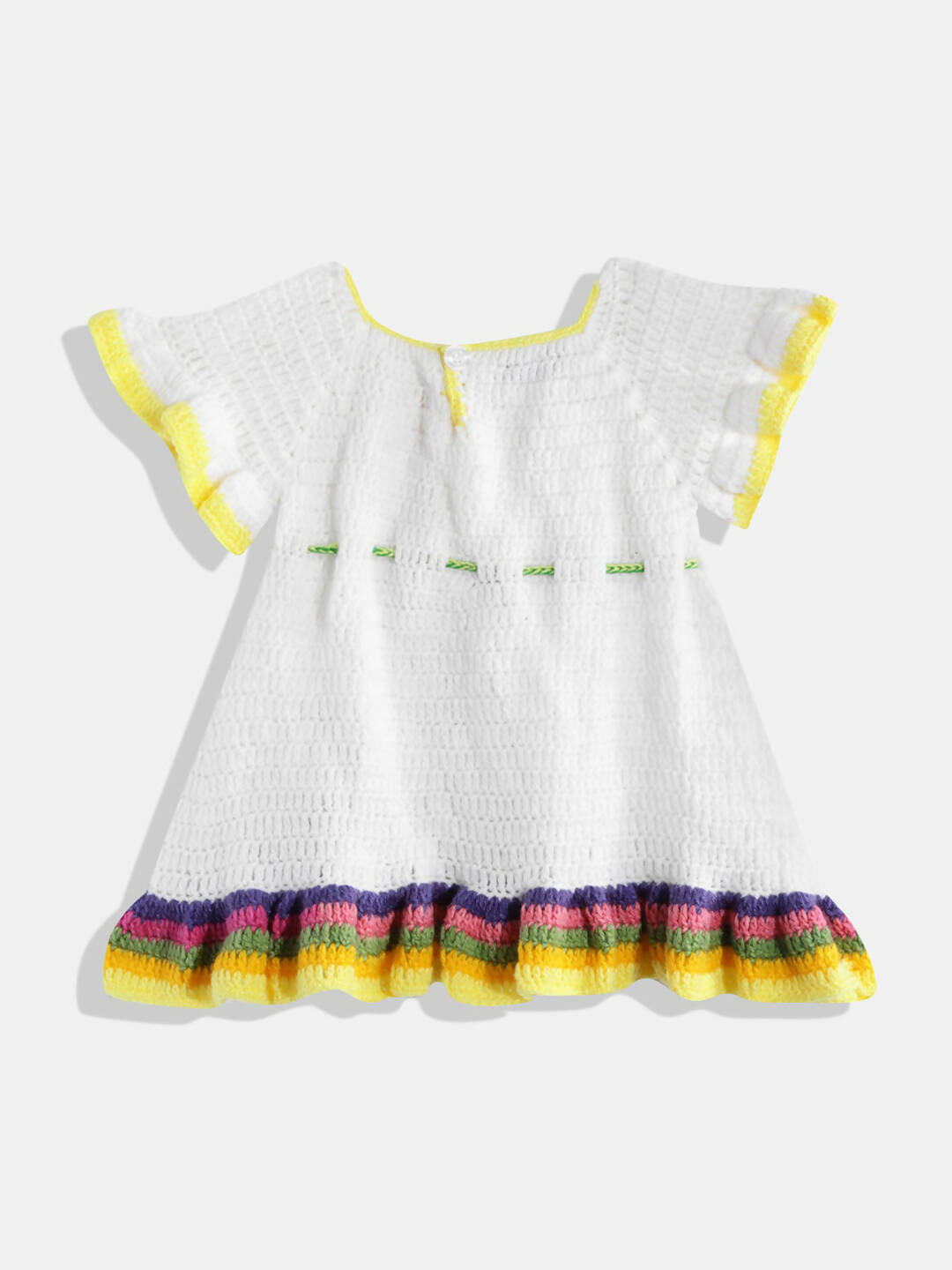 Chutput Kids Woollen Hand Knitted Full Sleeves Cardigan With Short Sleeves Flower Work Dress For Baby Girls - White