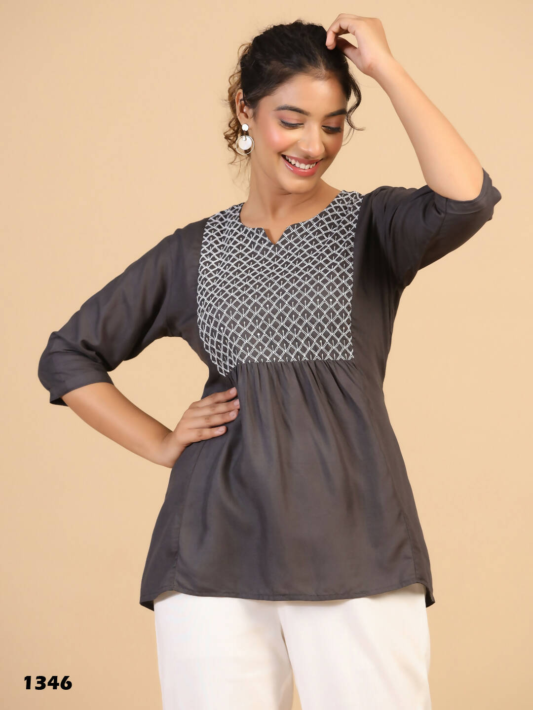 Womens Grey Rayon Yoke Embroidered Top - Keeva
