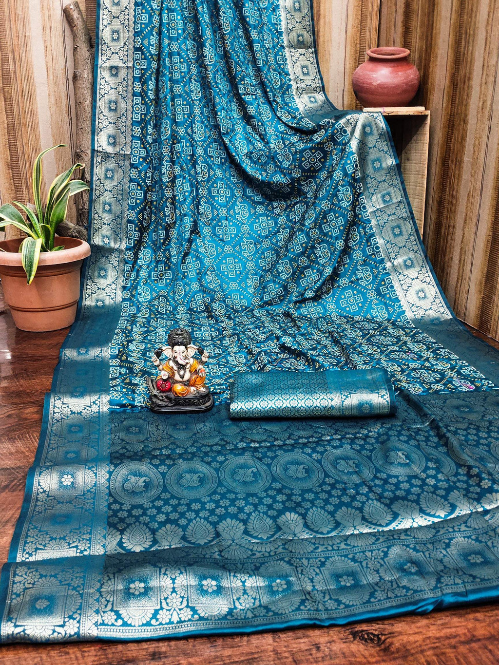 Anaita Blue Soft Satin Silk Bandhej Print Saree With Kanchi Zari Weaving Border - Distacart