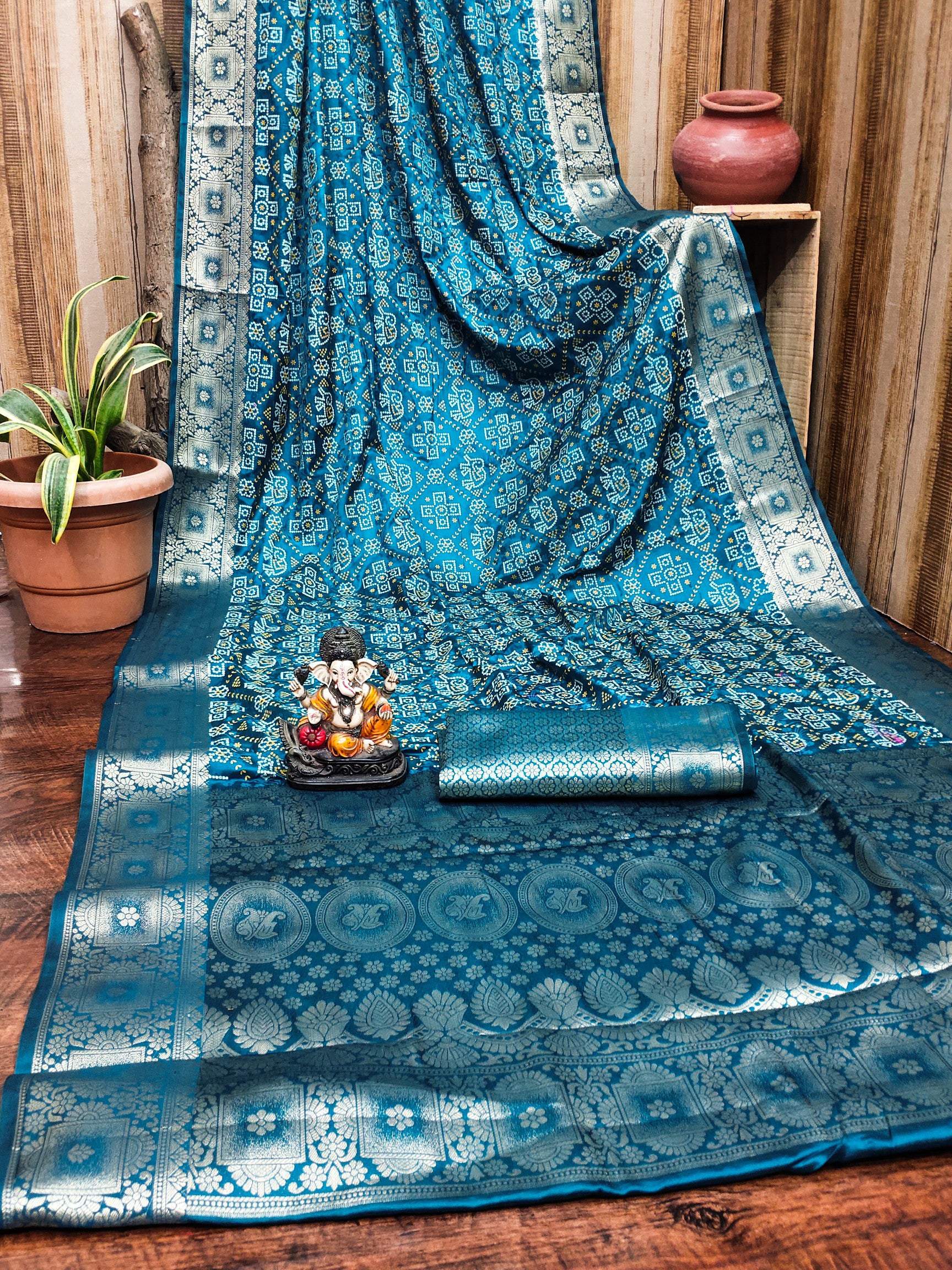 Anaita Blue Soft Satin Silk Bandhej Print Saree With Kanchi Zari Weaving Border - Distacart