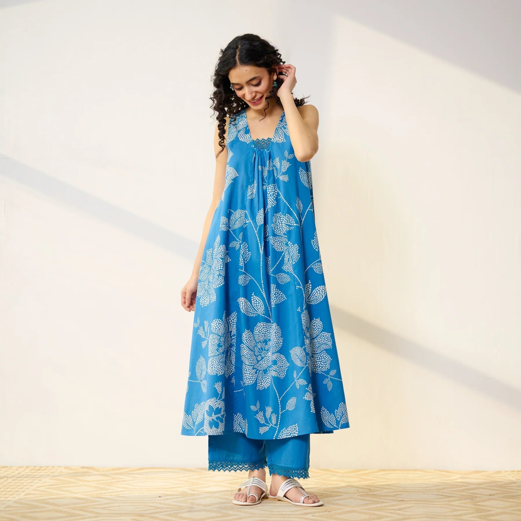 Pimu Women Floral Printed Pleated Pure Cotton Kurta with Palazzos-Blue