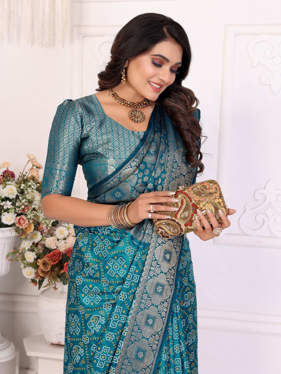 Anaita Blue Soft Satin Silk Bandhej Print Saree With Kanchi Zari Weaving Border - Distacart