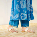 Pimu Women Floral Printed Pleated Pure Cotton Kurta with Palazzos-Blue