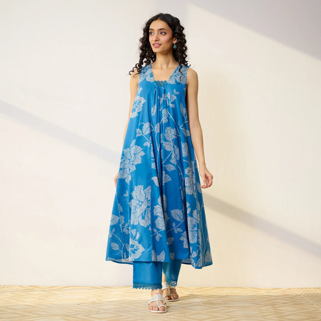 Pimu Women Floral Printed Pleated Pure Cotton Kurta with Palazzos-Blue