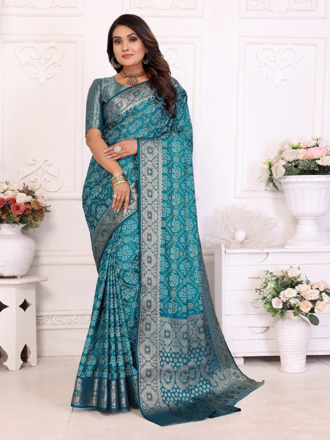 Anaita Blue Soft Satin Silk Bandhej Print Saree With Kanchi Zari Weaving Border - Distacart