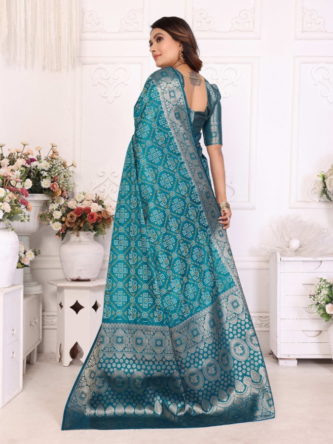 Anaita Blue Soft Satin Silk Bandhej Print Saree With Kanchi Zari Weaving Border - Distacart