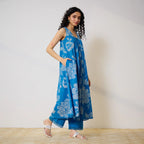 Pimu Women Floral Printed Pleated Pure Cotton Kurta with Palazzos-Blue