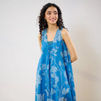 Pimu Women Floral Printed Pleated Pure Cotton Kurta with Palazzos-Blue