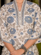 Yufta Blue And Off White Floral Print Cotton Straight Style Kurta And Trousers With Dupatta