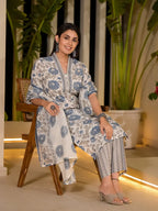 Yufta Blue And Off White Floral Print Cotton Straight Style Kurta And Trousers With Dupatta