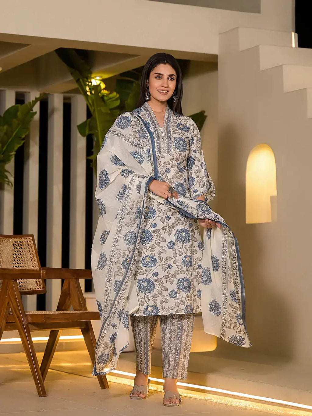 Yufta Blue And Off White Floral Print Cotton Straight Style Kurta And Trousers With Dupatta