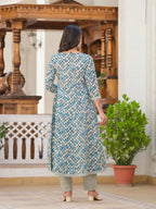 Yufta Blue Checkered Print Anarkali Kurta Trouser With Dupatta Set