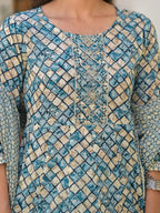 Yufta Blue Checkered Print Anarkali Kurta Trouser With Dupatta Set