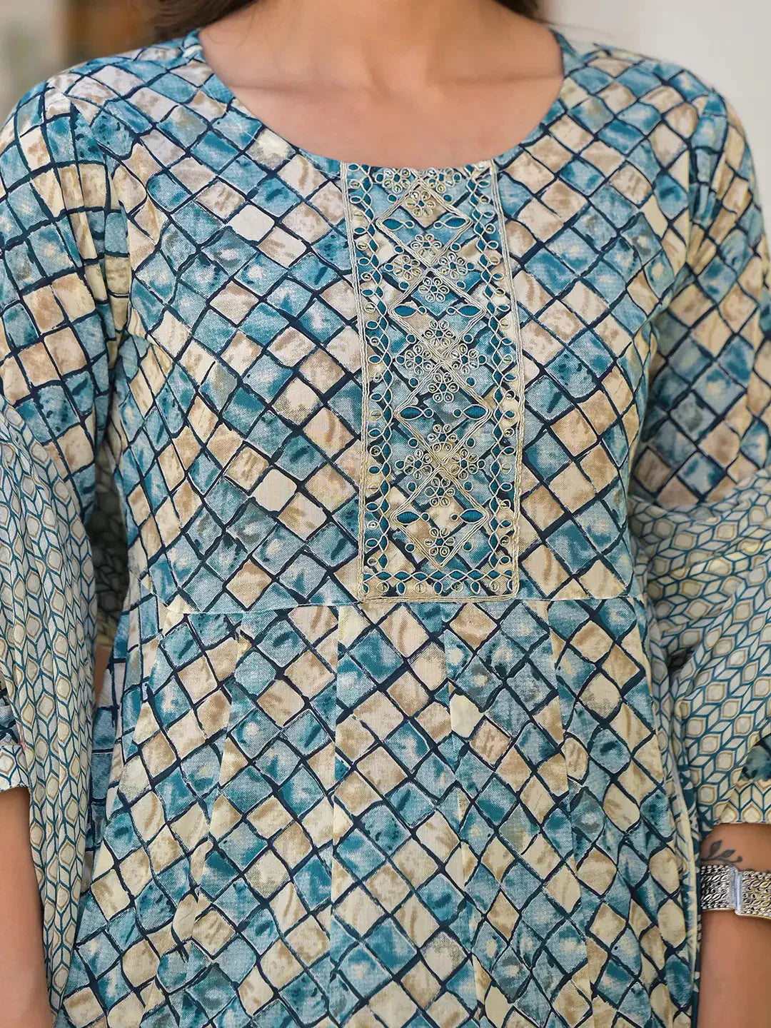 Yufta Blue Checkered Print Anarkali Kurta Trouser With Dupatta Set