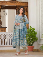 Yufta Blue Checkered Print Anarkali Kurta Trouser With Dupatta Set