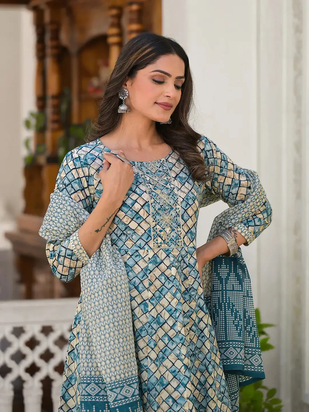 Yufta Blue Checkered Print Anarkali Kurta Trouser With Dupatta Set