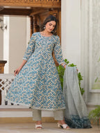 Yufta Blue Checkered Print Anarkali Kurta Trouser With Dupatta Set