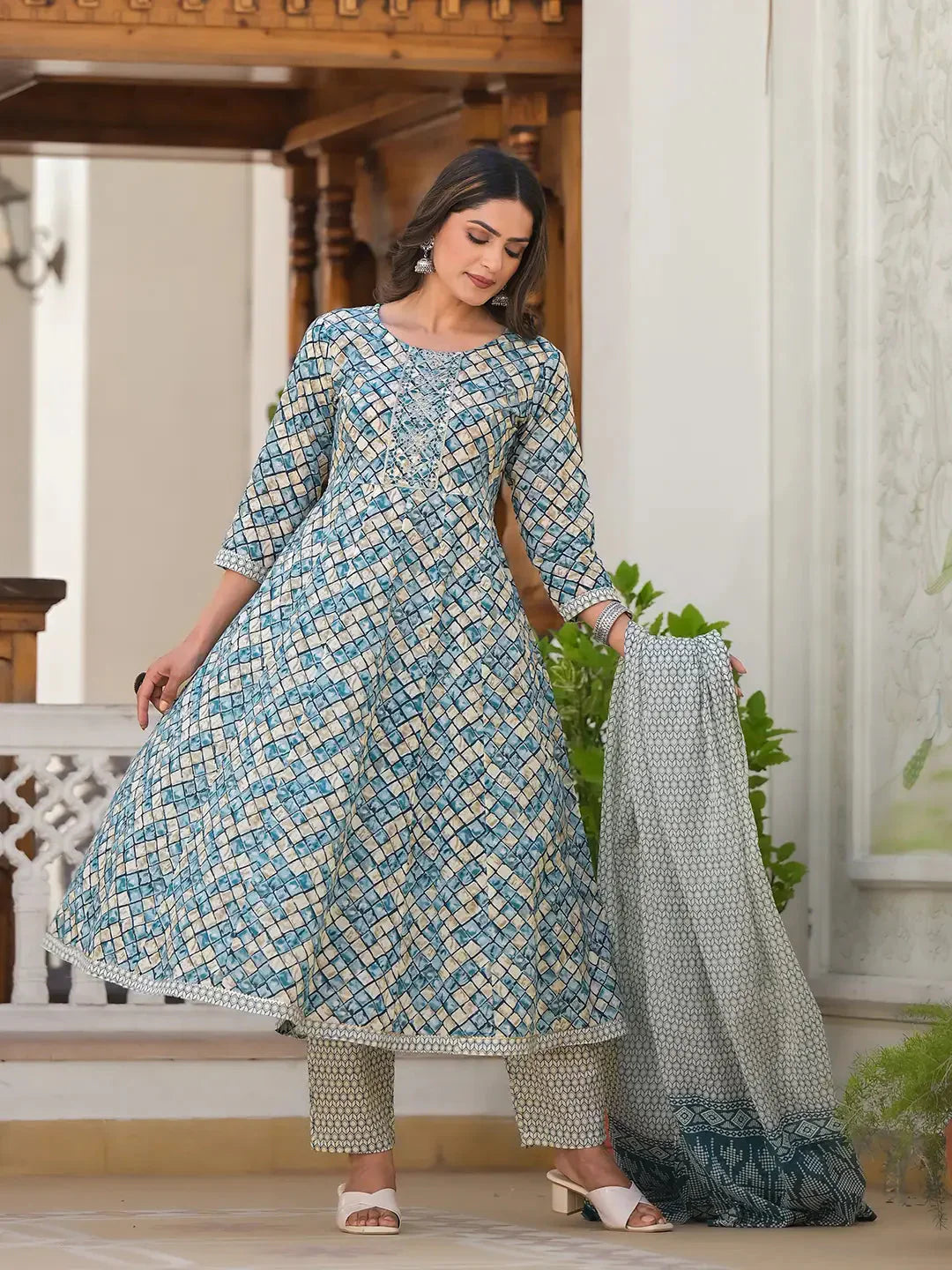 Yufta Blue Checkered Print Anarkali Kurta Trouser With Dupatta Set