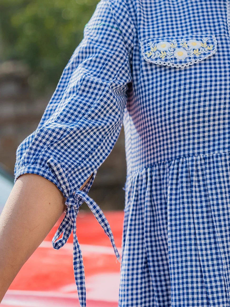 Yufta Blue Cotton Check Short Dress - Distacart