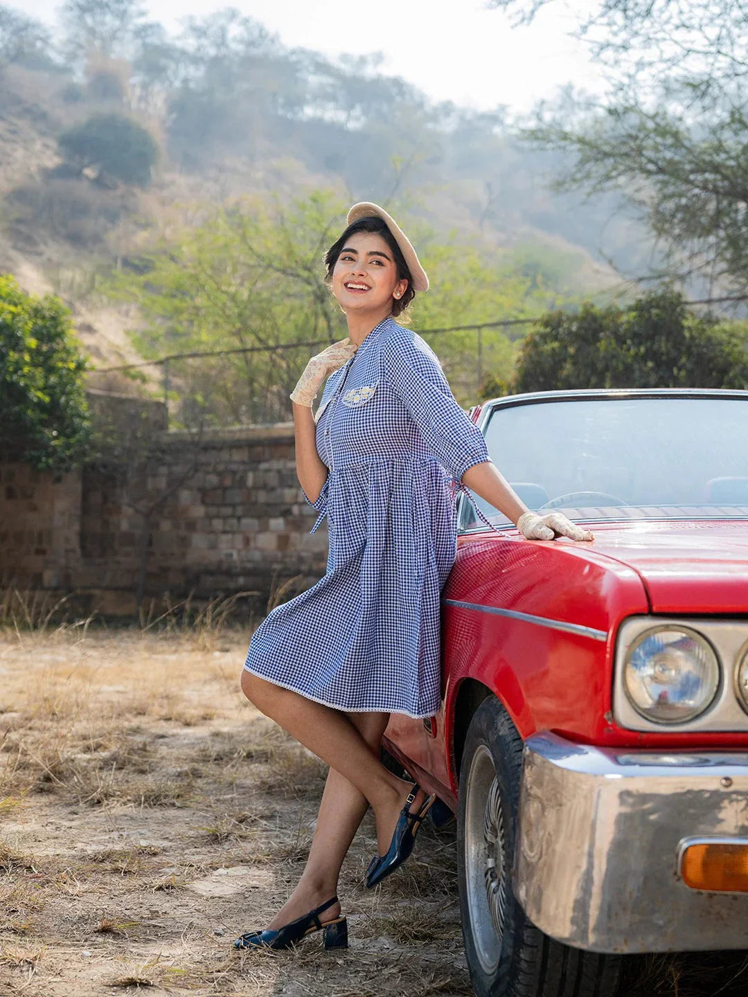 Yufta Blue Cotton Check Short Dress - Distacart