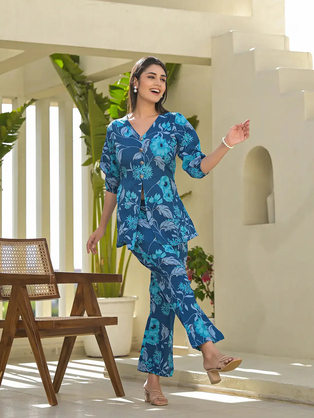 Yufta Blue Cotton Ethnic Motifs Print Co-Ord Set