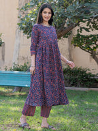 Yufta Blue Cotton Printed gathered kurta Set With Front Slit