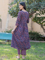Yufta Blue Cotton Printed gathered kurta Set With Front Slit