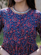 Yufta Blue Cotton Printed gathered kurta Set With Front Slit