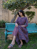 Yufta Blue Cotton Printed gathered kurta Set With Front Slit