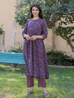 Yufta Blue Cotton Printed gathered kurta Set With Front Slit