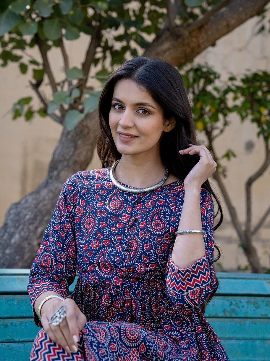 Yufta Blue Cotton Printed gathered kurta Set With Front Slit