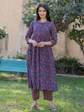 Yufta Blue Cotton Printed gathered kurta Set With Front Slit