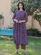 Yufta Blue Cotton Printed gathered kurta Set With Front Slit
