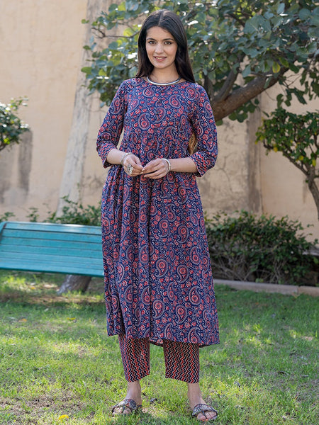 Yufta Blue Cotton Printed gathered kurta Set With Front Slit