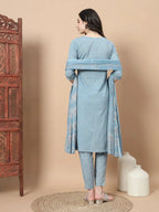 Yufta Blue Ethnic Motifs,Thread_Work Straight Kurta Trouser And Dupatta Set