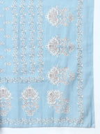 Yufta Blue Ethnic Motifs,Thread_Work Straight Kurta Trouser And Dupatta Set