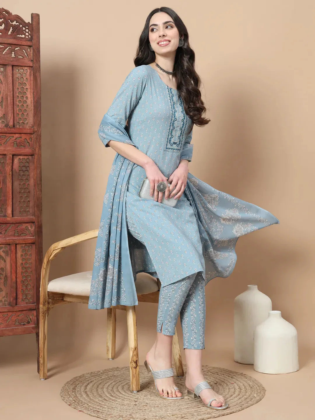 Yufta Blue Ethnic Motifs,Thread_Work Straight Kurta Trouser And Dupatta Set