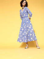Yufta Blue Floral Ethnic Dress - Distacart